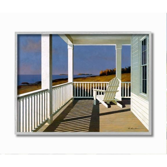 Stupell Industries Cottage Porch Scene at Sunset Coastal Landscape Painting Nature Painting Gray Framed Art Print Wall Art, 11 x 14