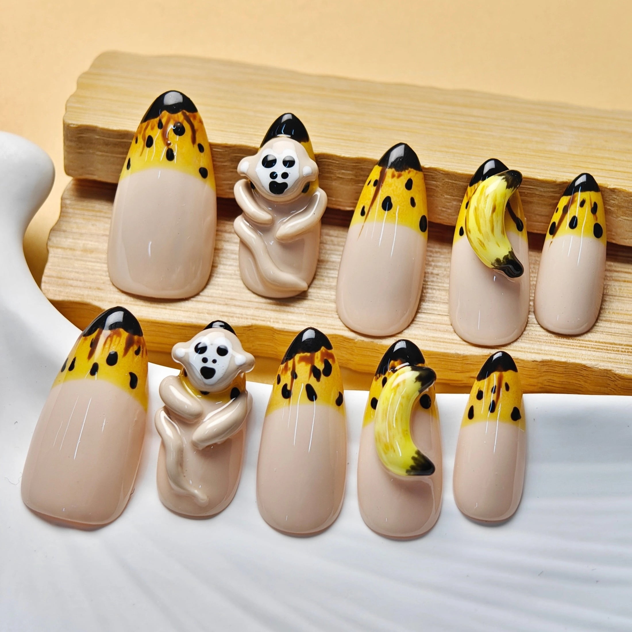 10pcs Almond Medium Handmade Y2K Cute Monkey Nails – Nude Base with Yellow Block & Black Spots, 3D Monkey & Banana Designs, Press On Nails Handmade for Women & Girls