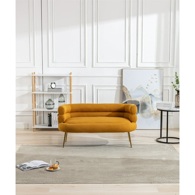 Living Room Accent Sofa, Leisure Loveseat Sofa with Golden Metal Feet, Tufted Chaise Lounge Sofa with Curved Back, Upholstered Sofa Reading Chair for Home Apartment or Office, Mustard