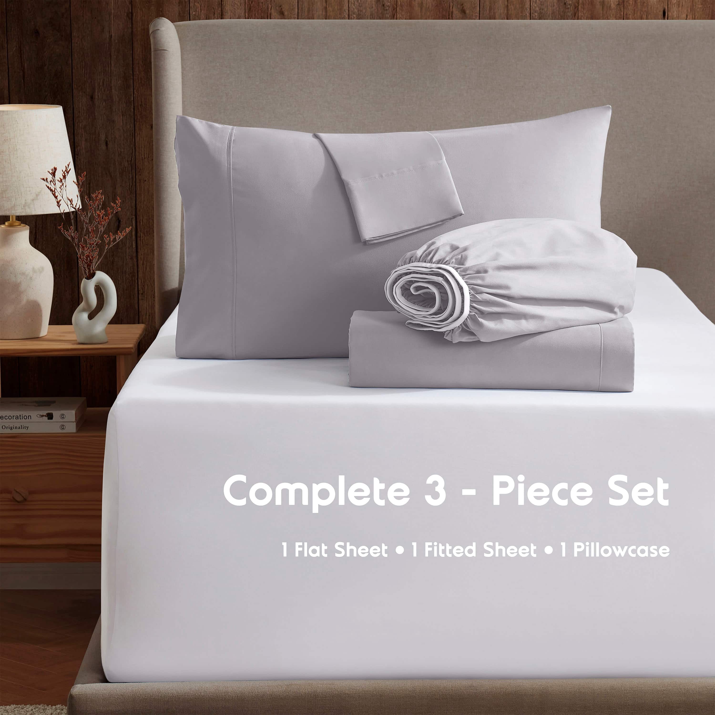 LammaLoe Extra Deep Pocket Sheets Twin Set, 3 Piece, Fits 18"-24" Mattress, Breathable & Extra Soft Bed Sheets, Light Grey Lavender