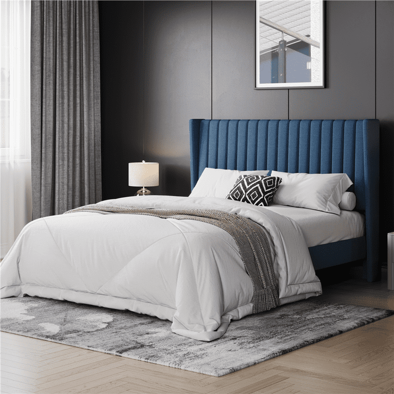 Yaheetech Queen Platform Bed, Navy Upholstered Headboard photo 2