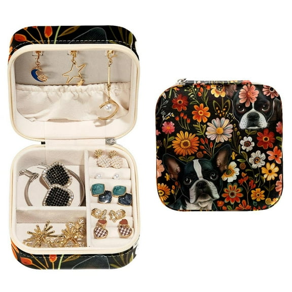 PhooArto Small Jewellery Box, Flowers Terriers Pattern Portable Travel Mini Jewelry Case for Women Leather Ring Organizer