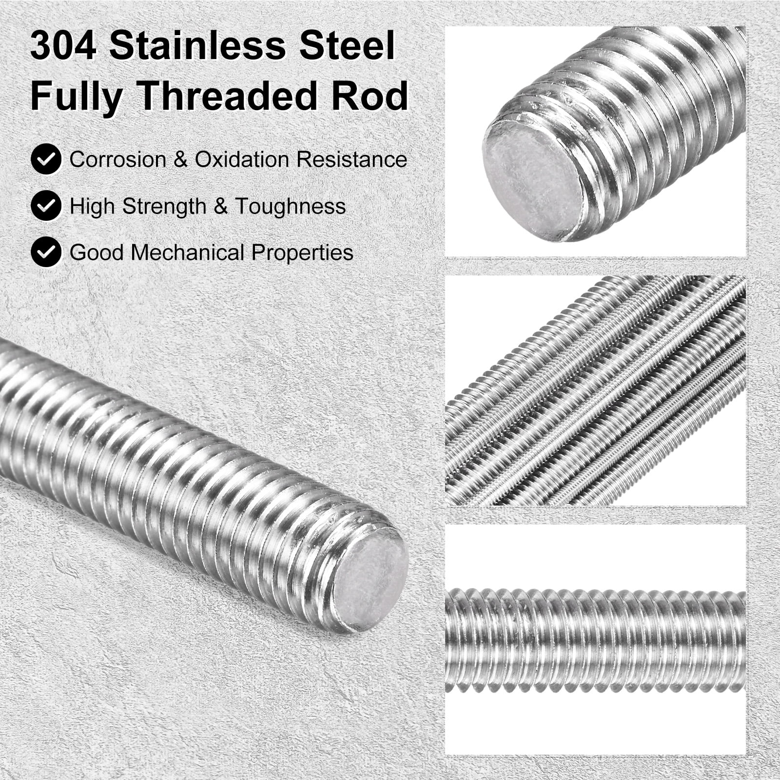 Uxcell 5-Pack Fully Threaded Rod, M10x200mm 304 Stainless Steel Right Hand Thread Bar Studs