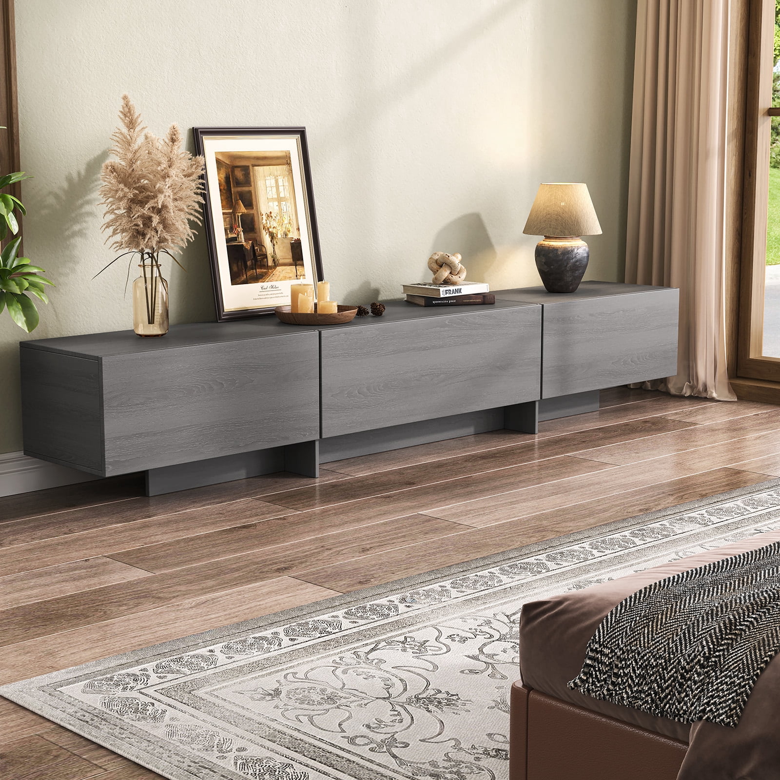 76.4'' Modern TV Stand for Living Room, Mid Century Modern TV Console with 3 Drawers, Media Cabinet for Living Room, Bedroom, Grey