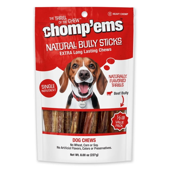 Chomp'ems Naturally Delicious Bully Sticks - No Hide Dog Chews - No Artificial Flavors, Colors, Or Preservatives - Protein Rich Alternative to Rawhide, 8 Oz.