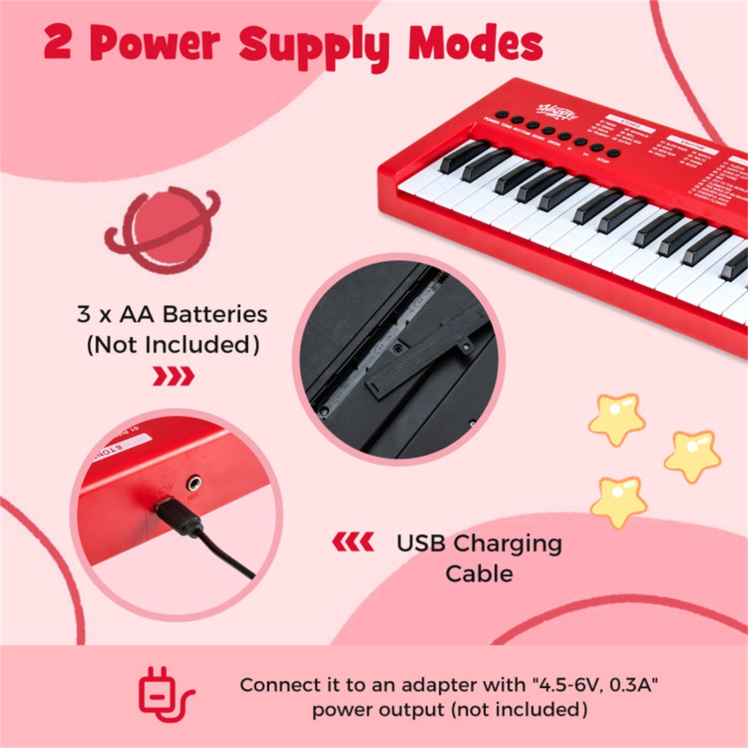 Red 37 Keys Kids Electronic Keyboard with Microphone, 8 Tones & 8 Rhythms Piano Toy for Ages 3+