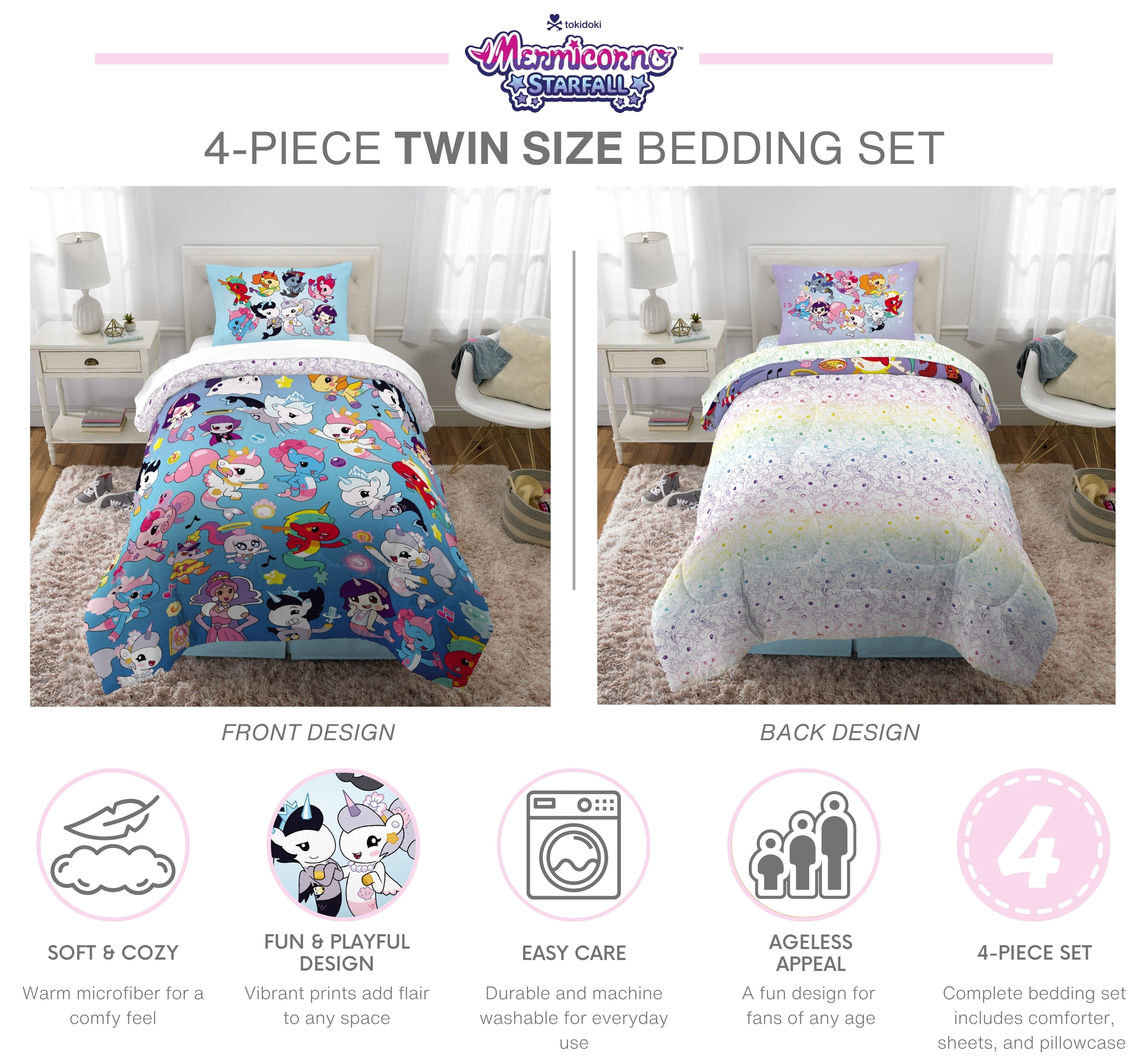 Mermicorno Starfall Kids 4 Piece Blue Reversible Comforter, Pillowcase, and Sheet Set, Twin