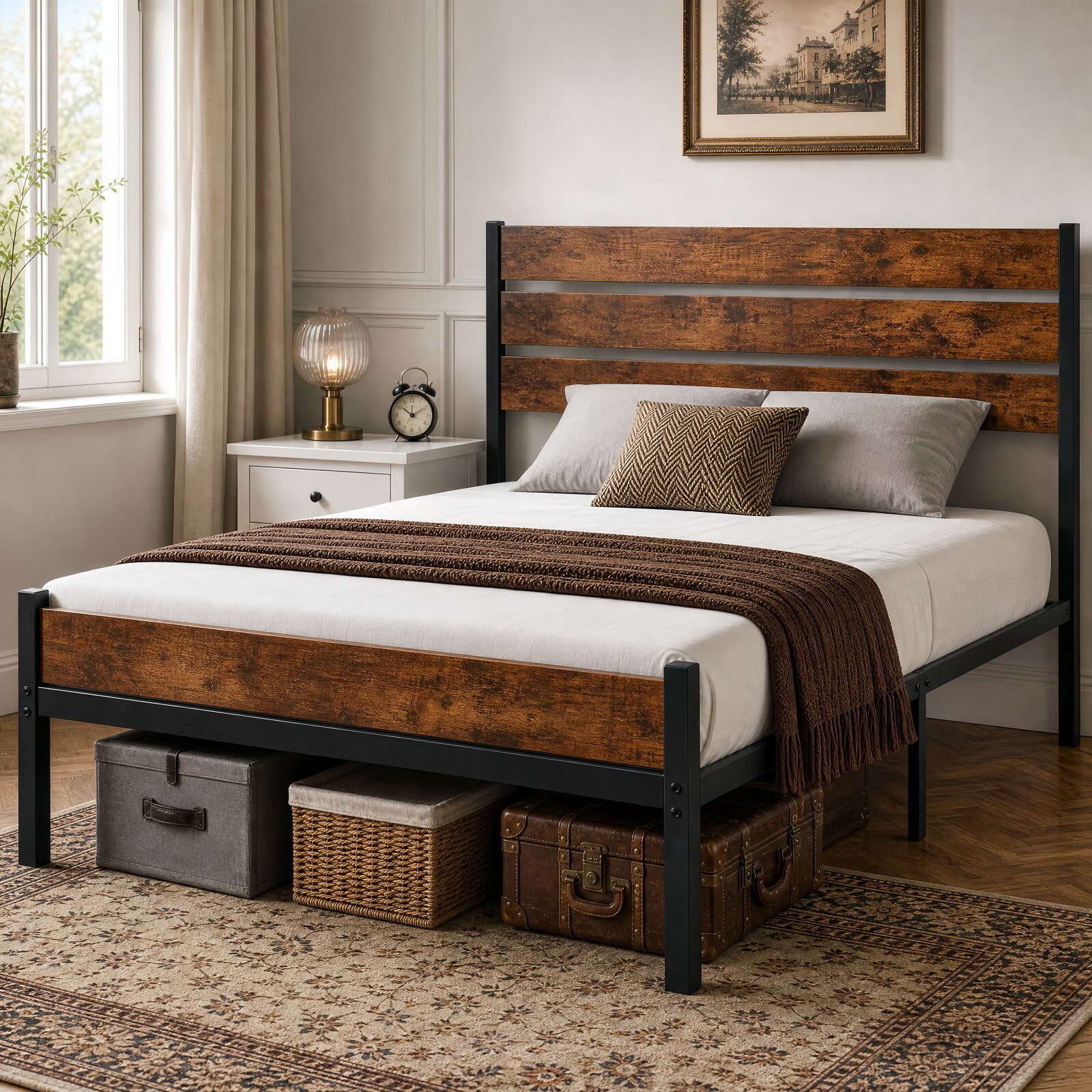 Kelno Industrial Queen Size Bed Frame 800LBS Heavy Duty with Wooden Headboard 14 Inch Metal Platform Bed No Box Spring Needed, Rustic Brown