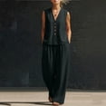 thumbnail image 4 of Bosfbaoi Two Piece Sets for Women Linen Blend Fashion Outfit Set V-Neck Sleeveless Button Tops Comfort Waist Wide Leg Pants Matching Sets Women Clothing, 4 of 6