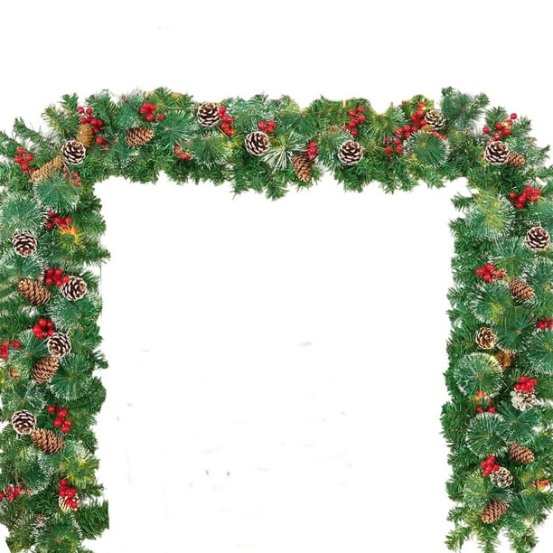 Ratán navideño de 270 cm con piñas y bayas rojas, ideal para decorar chimeneas, escaleras, pasillos, marcos de puertas, etc. (Apta de pino y bayas rojas).