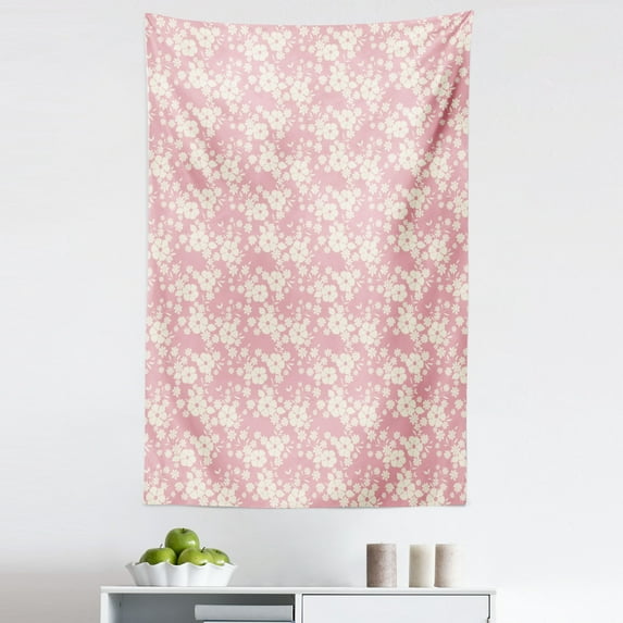 Flower Tapestry, Floral Feminine Pattern with Repeating Silhouette Petals and Leaflets, Fabric Wall Hanging Decor for Bedroom Living Room Dorm, 5 Sizes, Pale Pink and Eggshell, by Ambesonne