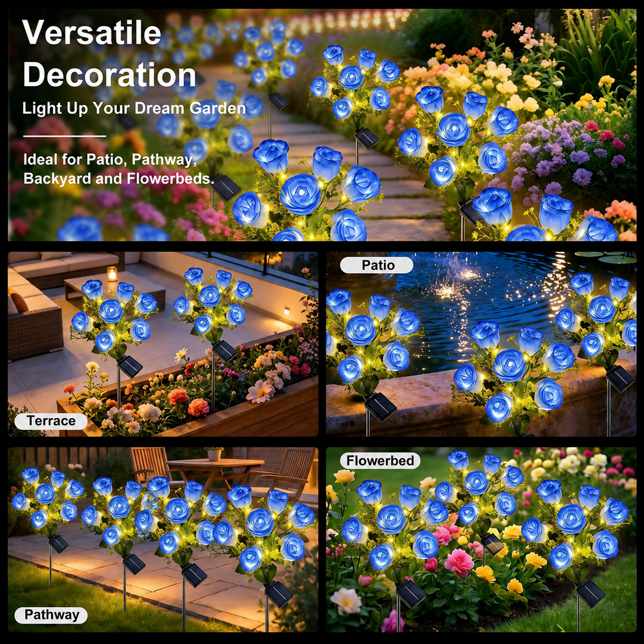 Rirool Solar Rose Flower Garden Stake Lights 2-Pack Blue photo 7