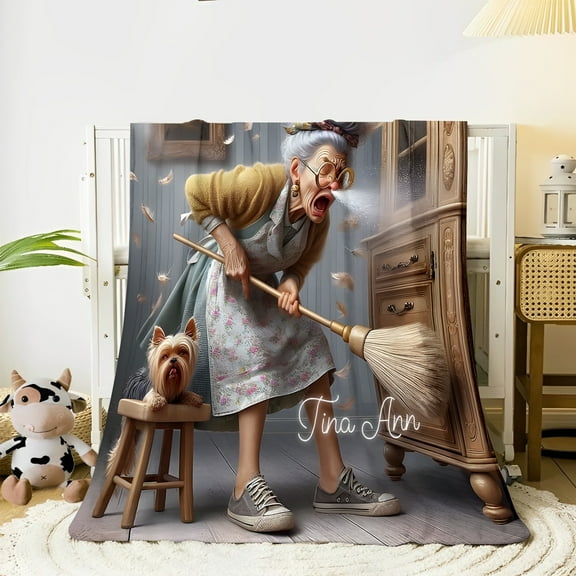 Contemporary Grandma Sneezing with Feather Print Flannel Throw Blanket, Soft Cozy All-Season Knitted Polyester Throw, Unique Gift for Grandma or Grandmother