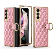 Dteck Case for Samsung Galaxy Z Fold3 5G,Luxury Leather Built-in Screen Protector Hybrid PC Shockproof Ring Holder Cover For Galaxy Z Fold3,Pink