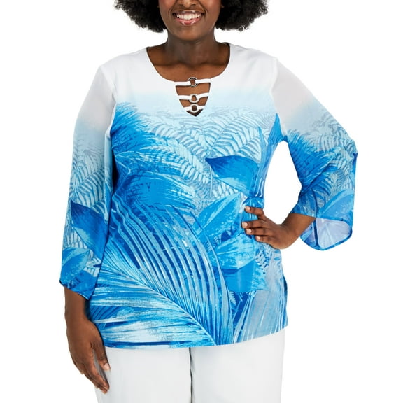 JM Collection Plus Size Palm Print Chiffon Sleeve Tunic Seafoam Combo 0X