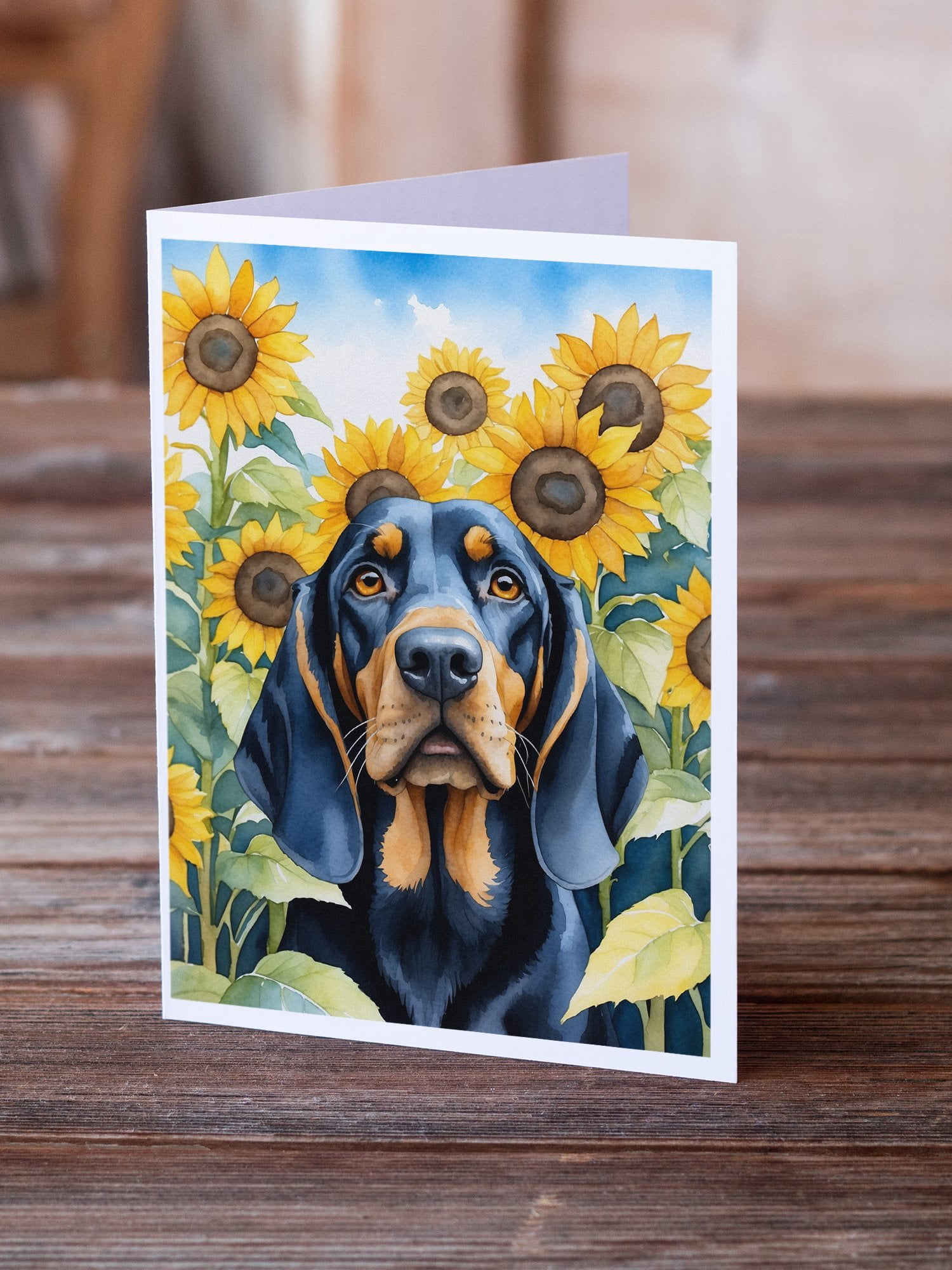 Black and Tan Coonhound in Sunflowers Greeting Cards Pack of 8 7 in x 5 in