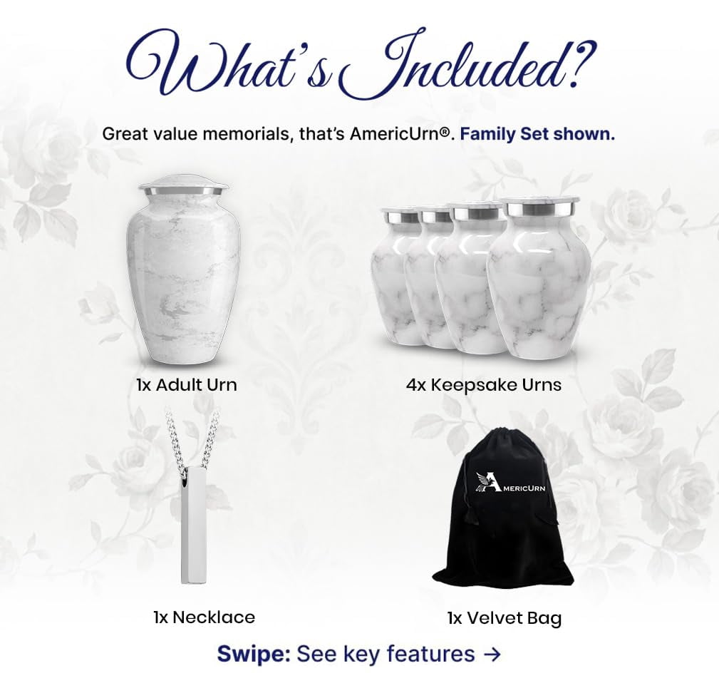 Set of 6 Custom Engraved Cremation Urns for Human Ashes Includes 1 Large Urn with 4 Small Keepsakes & 1 Silver Necklace - White Marble