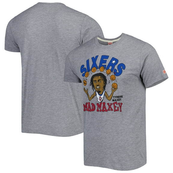 Men's Homage Tyrese Maxey Gray Philadelphia 76ers Caricature Tri-Blend T-Shirt