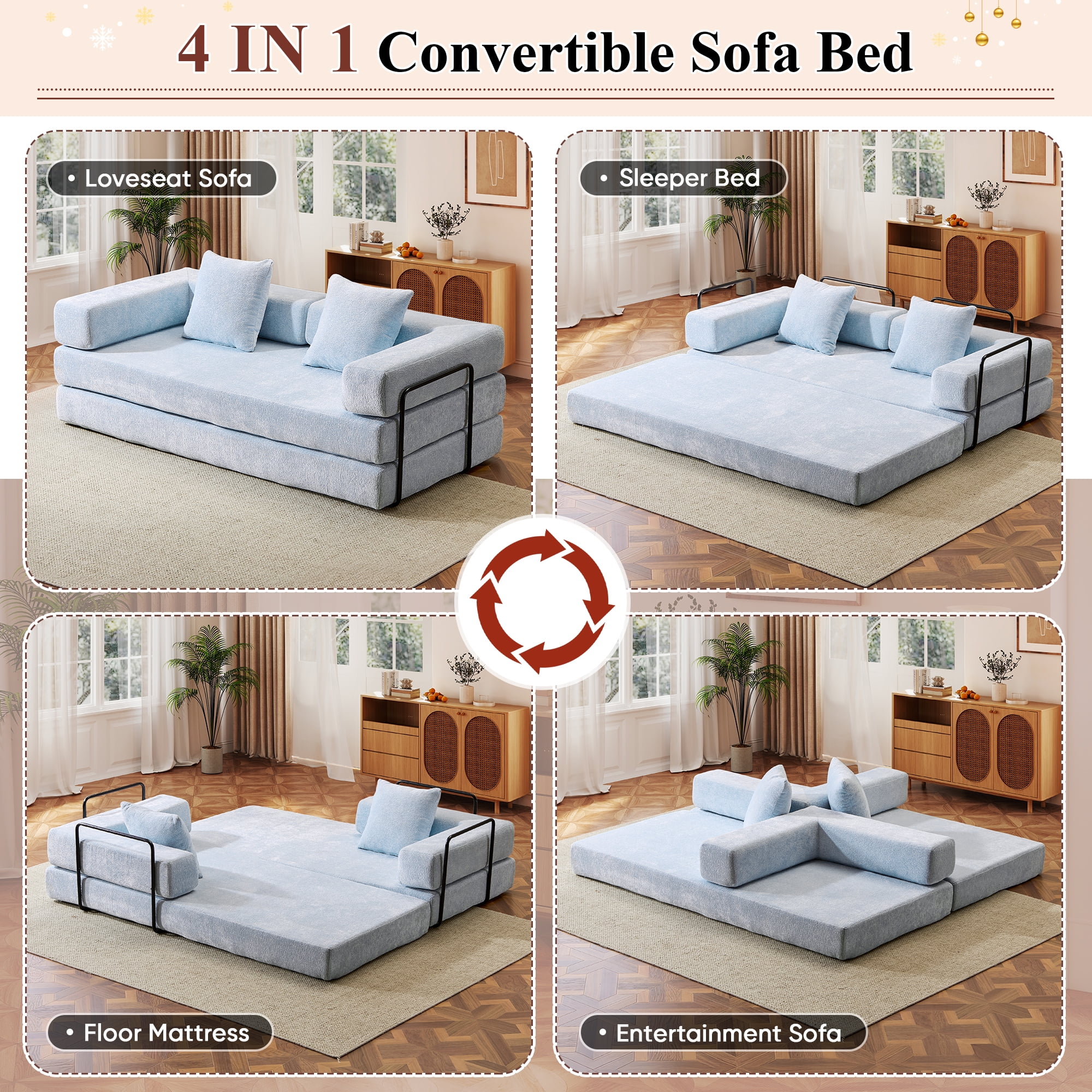 Timbernest 76.8" Folding Sofa Bed, King Size Convertible Sleeper Sofa with 2 Pillows, Chenille Floor Sofa for Living Room, Small Spaces, Baby Blue