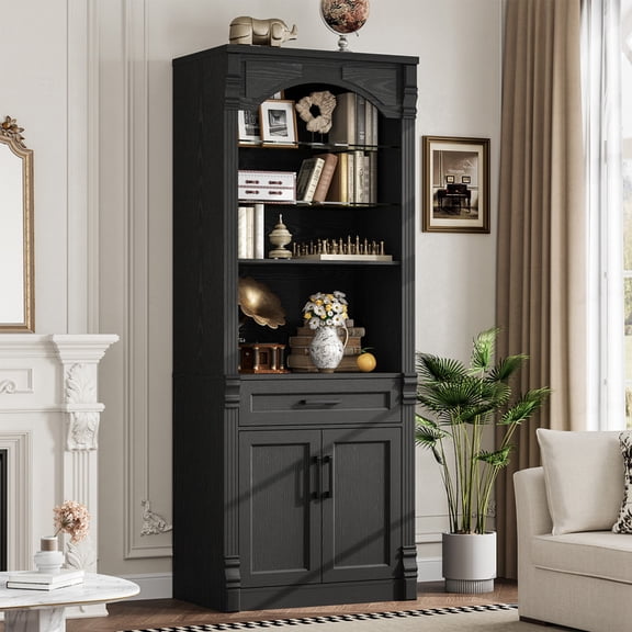 FAGAGA 70" Tall Bookcase with Adjustable Storage Shelves and 2 Doors Cabinetfor Living Room,Bookshelf Arched Kitchen Pantry Cabinet,Black