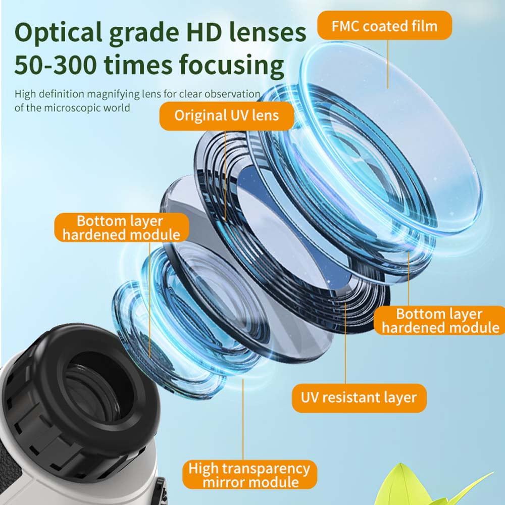 Mini 50X-300X Microscope, Kids Microscope Handheld Portable Microscope, Gray White