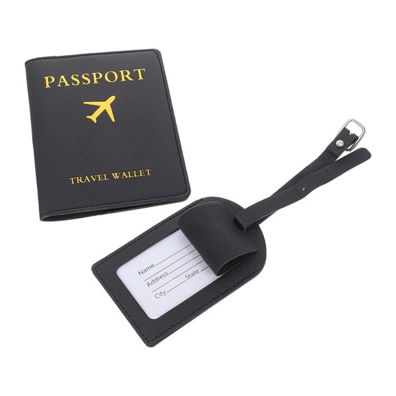 MERRYHAPY Durable Black PU Tag and Passport Cover Set for Home Travel, Identifies Luggage, Fits Business Cards