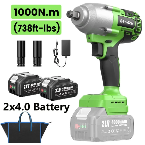 TaskStar 21V Brushless Cordless Impact Wrench, 1/2" 738 Ft-lbs (1000Nm) High Torque, 3-Speed, w/ 2x4.0Ah Batteries & Fast Charger