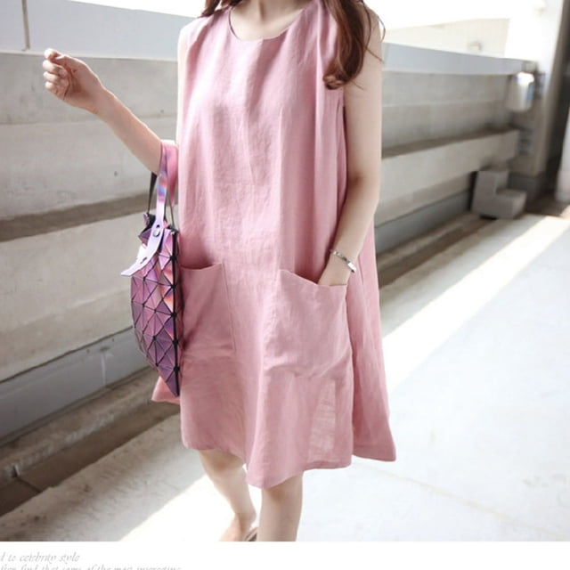 PENGXIANG Jupe Longue en Coton et Lin pour Femmes Robe d'Été Sans Manches Tunique Col Rond Couleur Unie Ample TG