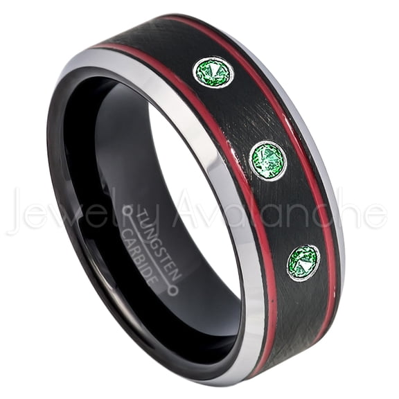Tri-Color Black Red Stripe Tungsten Ring - 0.21ctw Emerald 3-stone Band - Personalized Tungsten Wedding Ring - Custom Made May Birthstone Ring TN745BS