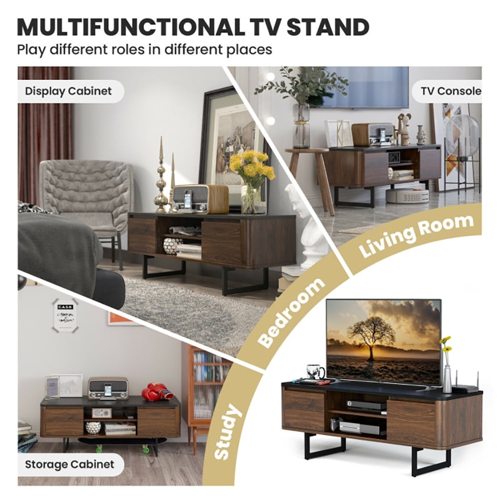 Finihen TV Stand, TV Cabinet, Wooden TV Stand with 2-Door Storage Cabinets for for TVs up to 55 Inch, Media Entertainment Center with Storage, for Living Room, Bedroom, Brown