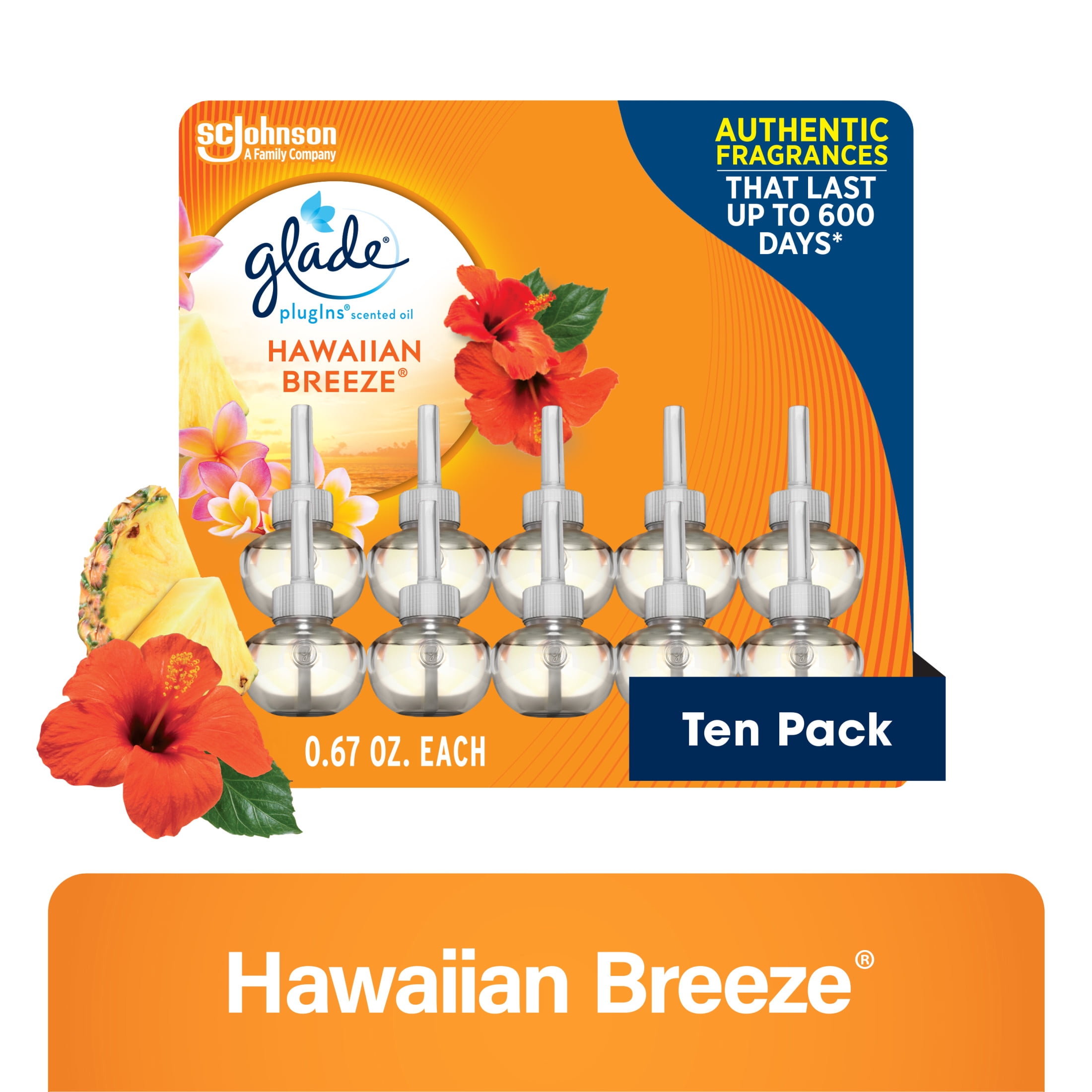 (5 pack) Glade PlugIns Scented Oil 10 Refills, Air Freshener, Hawaiian Breeze®, 10 x 0.67 oz