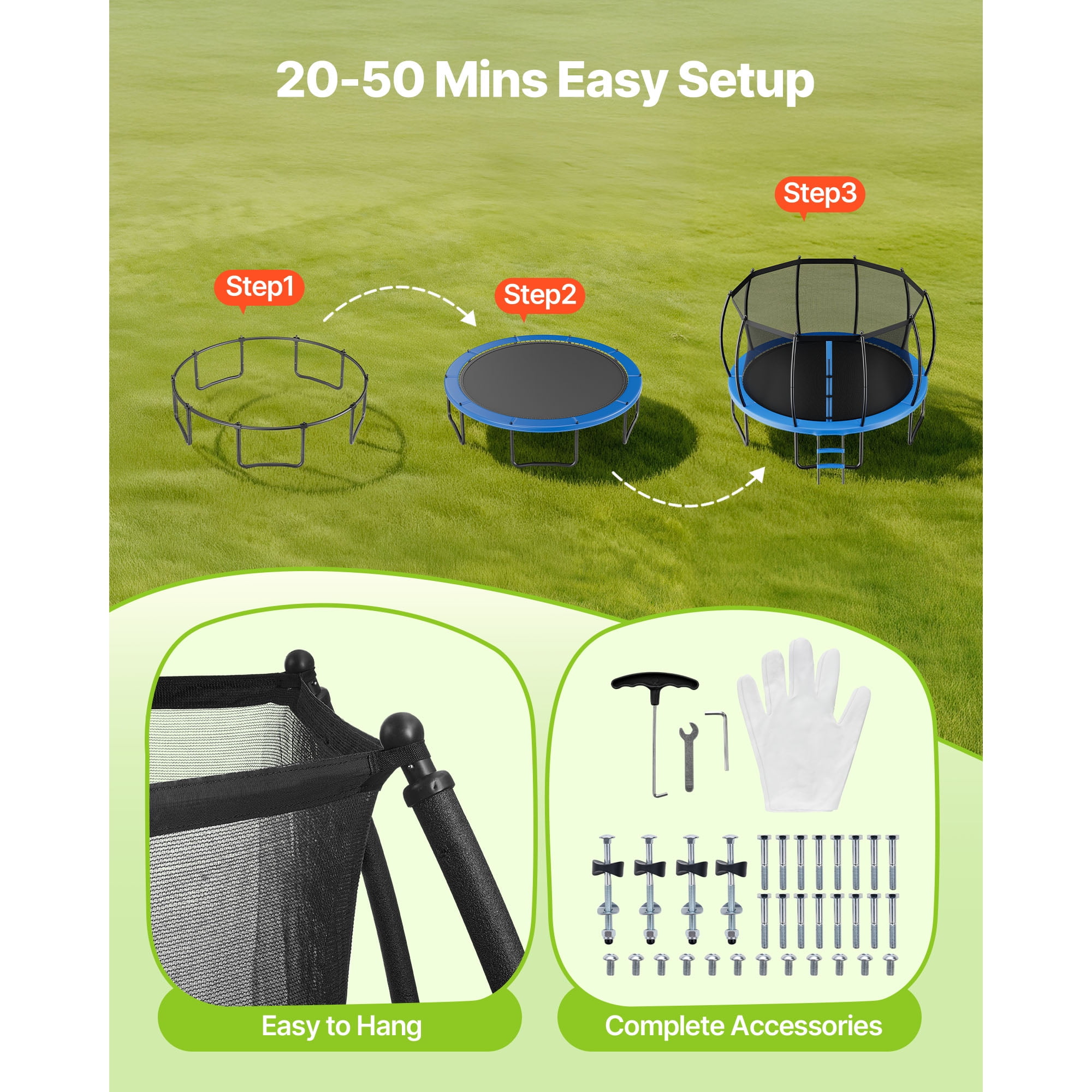 KFFKFF 15FT Outdoor Trampoline with Safety Enclosure Net, Durable Frame, and Thick Protective Pad, Supports Up to 470 lbs, Rust-Resistant Design for Backyard Fun