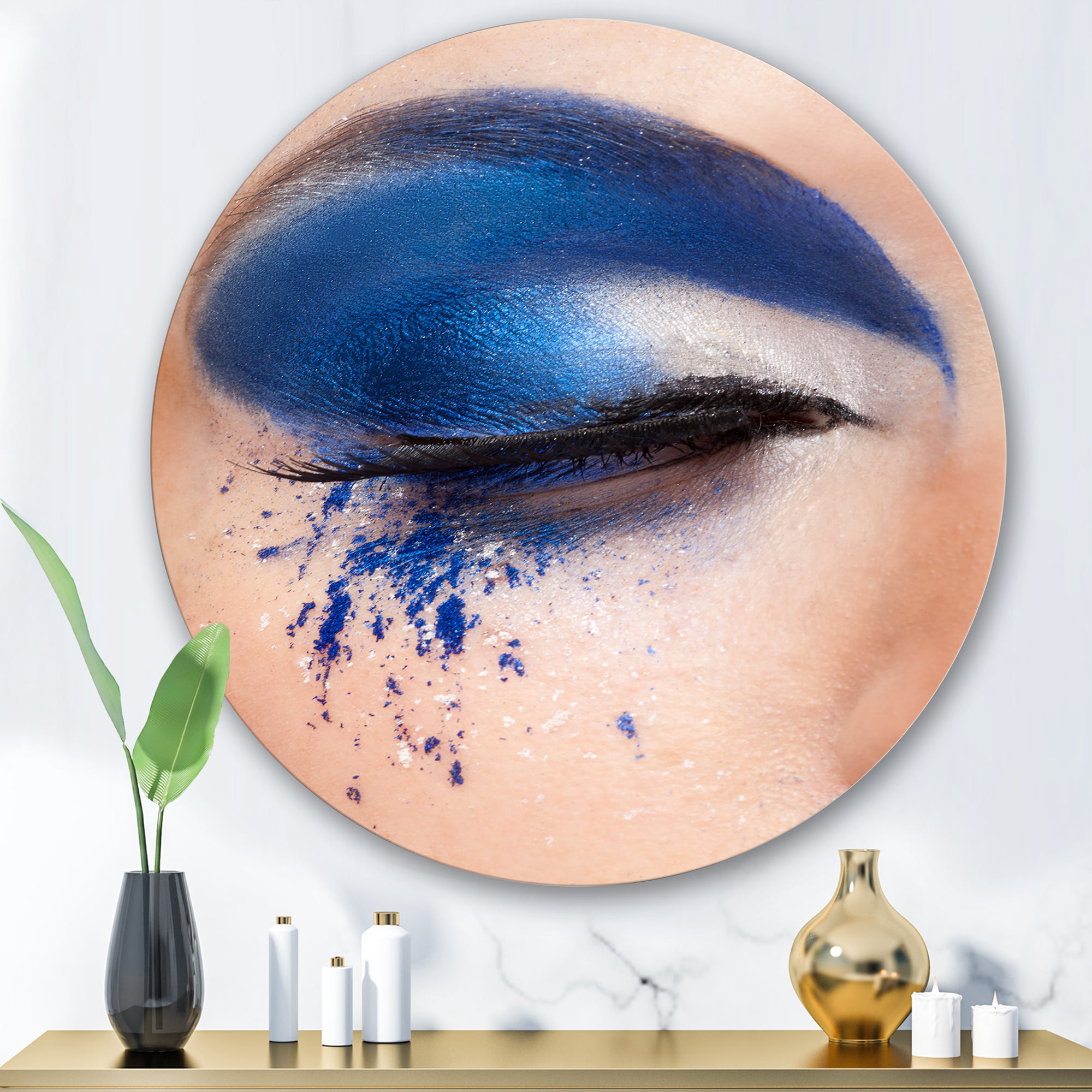 Designart 'Closed Woman Eye With Blue Fantasy Make Up' Modern Circle Metal Wall Art 29x29 - Disc of 29