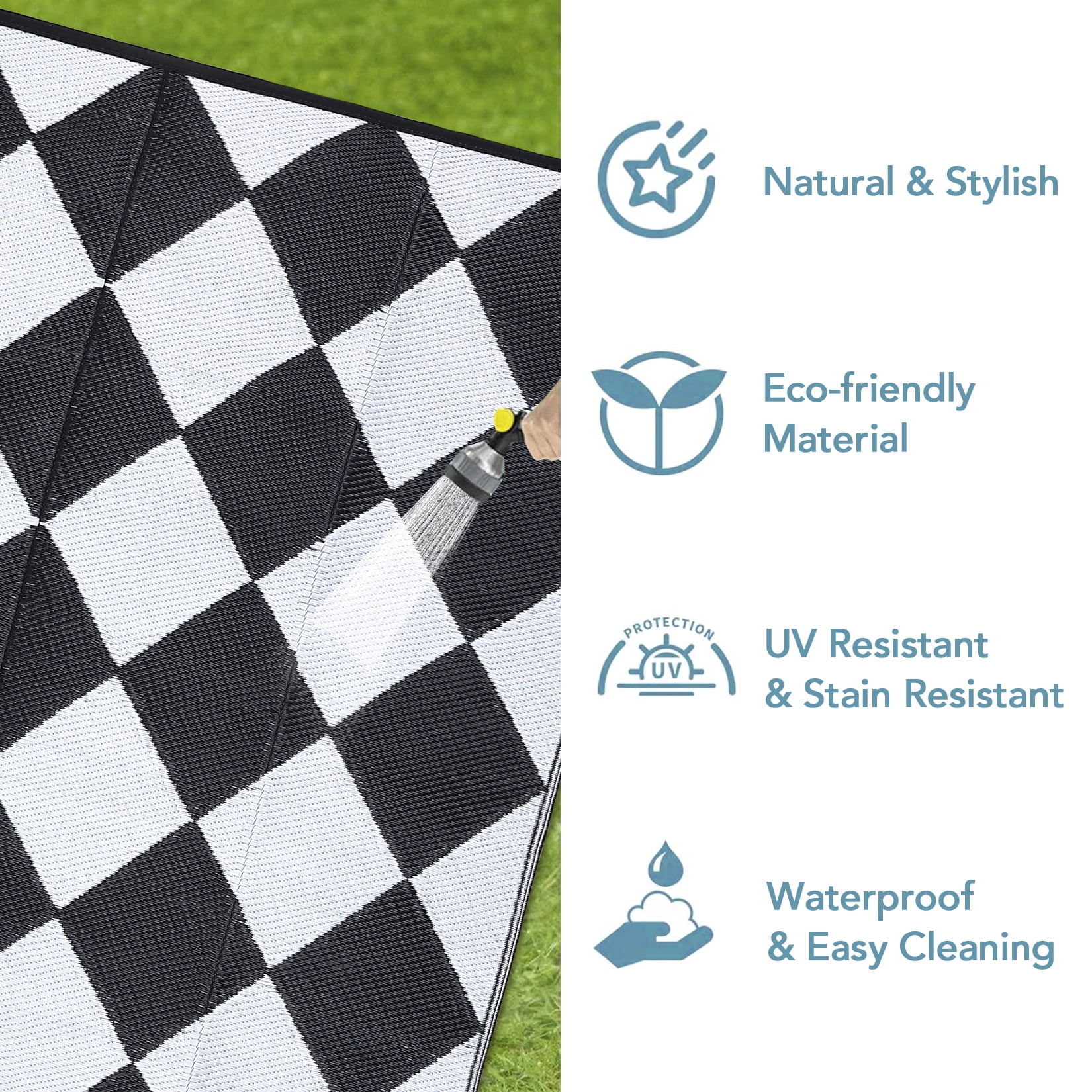 GlowSol 10x14 Outdoor Rug Waterproof Carpet Patio Rug Indoor Outdoor Area Rug Reversible Rug for Picnic Beach Deck-Outdoor, Black/White