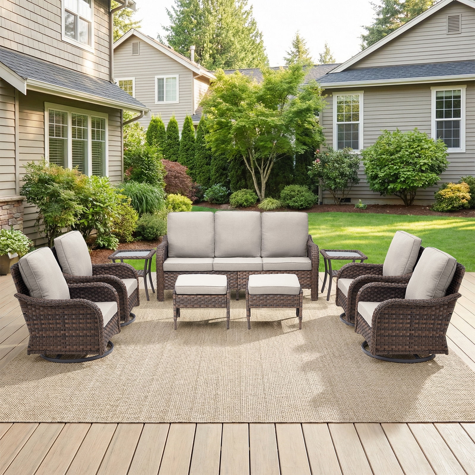 Outdoor Swivel Rocker Patio Chairs Set,9 Piece Furniture Set with 2 Swivel Rocking Chairs, 3-Seat Sofa,Ottoman & Side Table All Weather Wicker Conversation Set for Porch Deck Garden Backyard