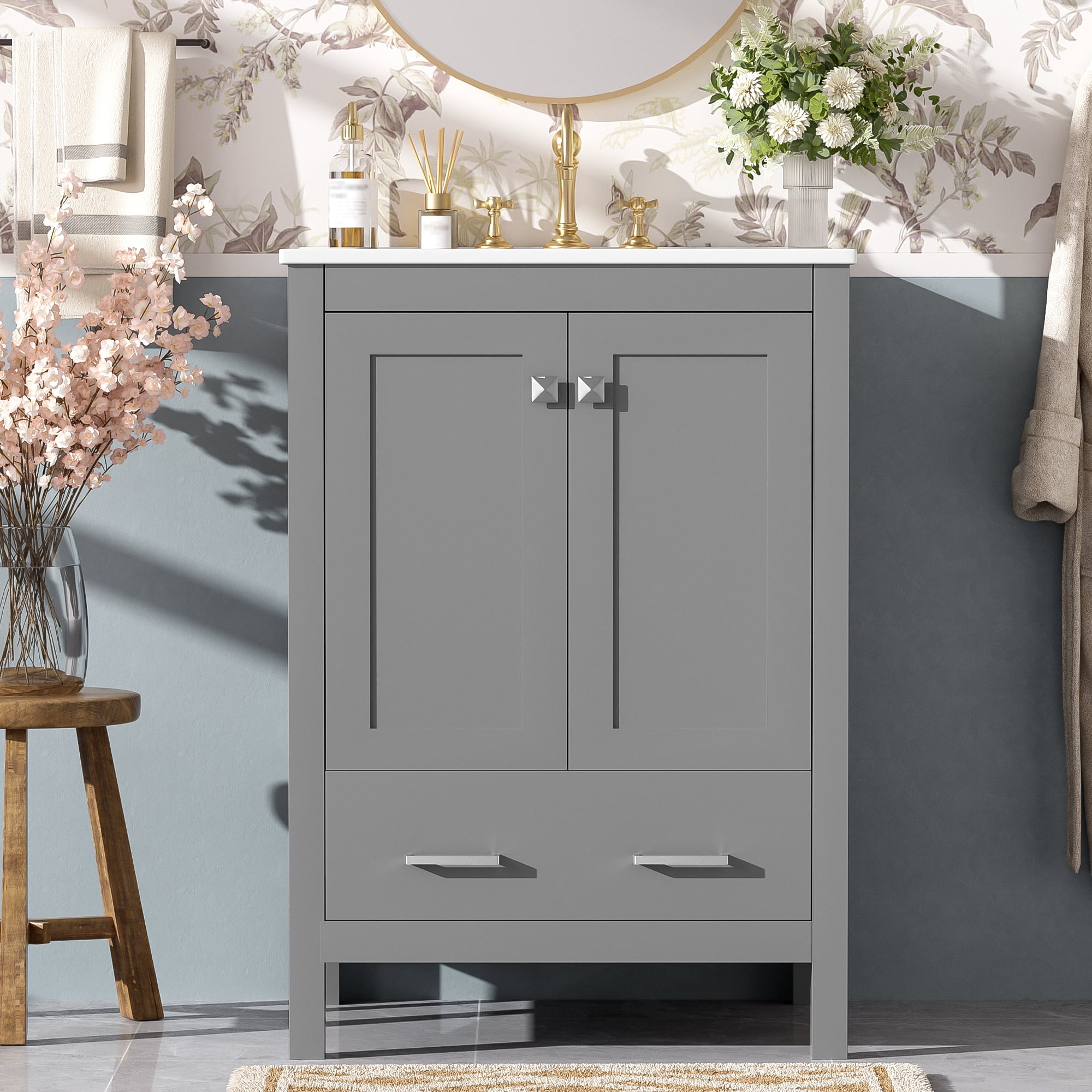 MAYEERTY 24" Bathroom Vanity - Undermount Basin, 2-Door 1-Drawer Cabinet, Double-Layer Door Shelf