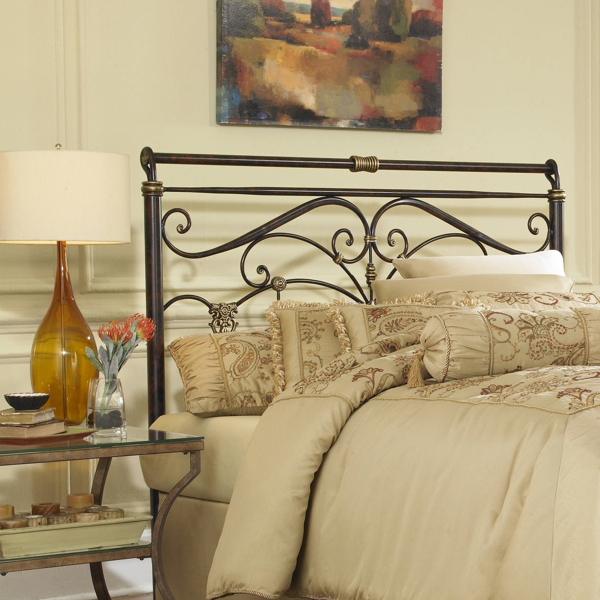 Lucinda Metal Headboard Panel with Intricate Scrollwork and Sleigh