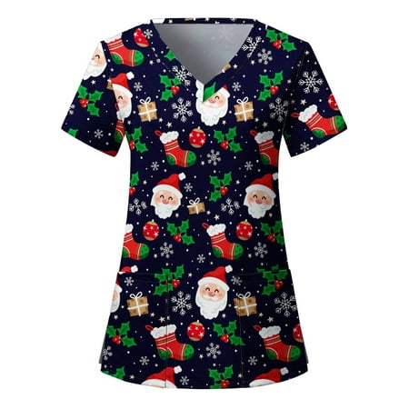 

TAIAOJING Women Scrubs Top Ladies Christmas Casual Print Short Sleeve Pocket Loose Top V Neck Workwear Wokwear T-Shirt