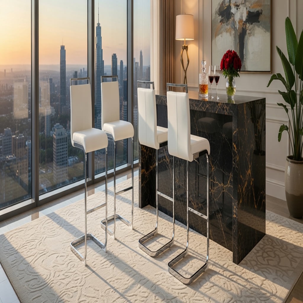 Hommoo Modern PU Leather Bar Stools with Silver C-Shaped Metal Legs, 42.5 in Tall Counter Height Chairs for Kitchen, Dining Room, Home Bar & Patio, White