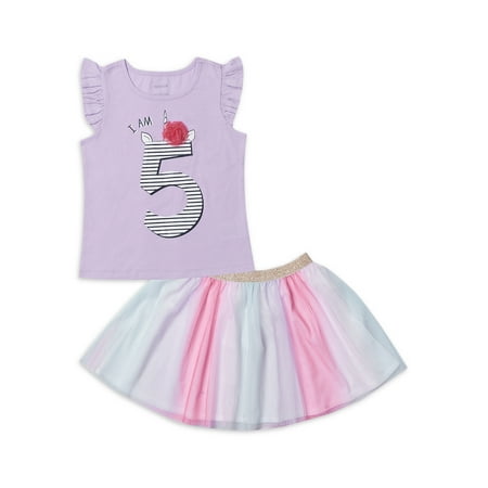 Miniville Toddler SS Birthday Set - Five T-shirt & Tutu Skirt, 2pc Outfit Set (Sizes 5T)