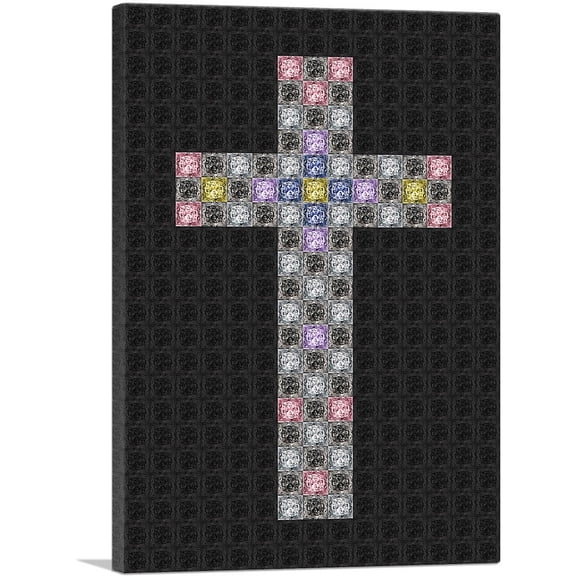 ARTCANVAS Black Pink Blue Christian Church Jewel Cross Pixel Canvas Art Print - Size: 12" x 8" (0.75" Deep)