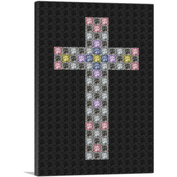 ARTCANVAS Black Pink Blue Christian Church Jewel Cross Pixel Canvas Art Print - Size: 18" x 12" (0.75" Deep)