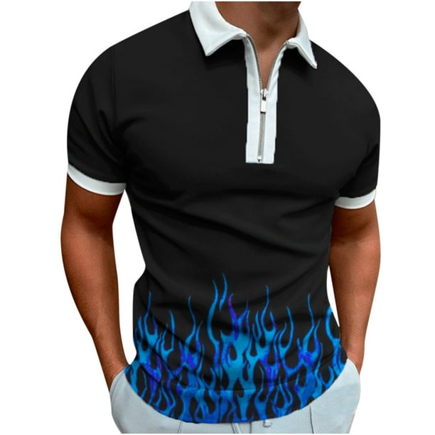 Playera de Manga Corta Athleisure con Media Cremallera y Solapa Impresa en 3D para Hombre Pompotops oipoqjl24969