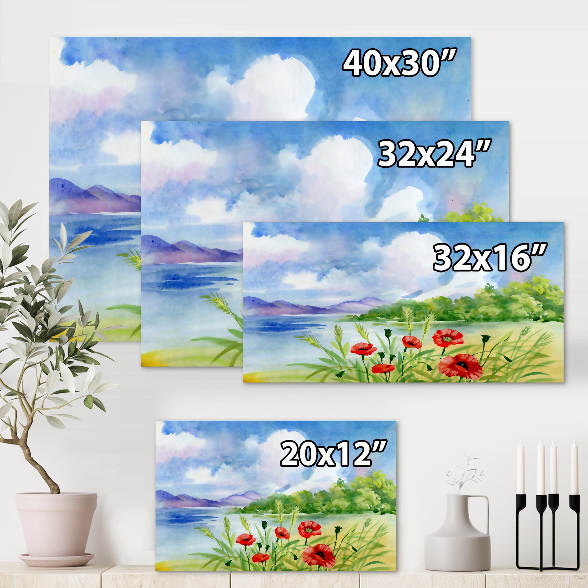 Designart ' Red Tulips On The Bank Near A River Mountain ' Lake House Canvas Wall Art Print