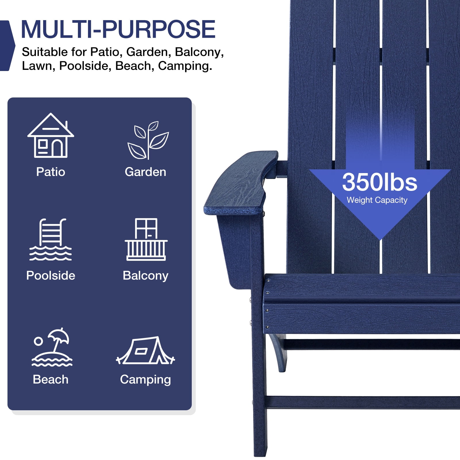 Garpans Adirondack Chair All Weather Outdoor Adirondack Chair HDPE Outdoor Chair for Patio Front Porch Pool Garden Deck Fire Pit Outside, Navy Blue