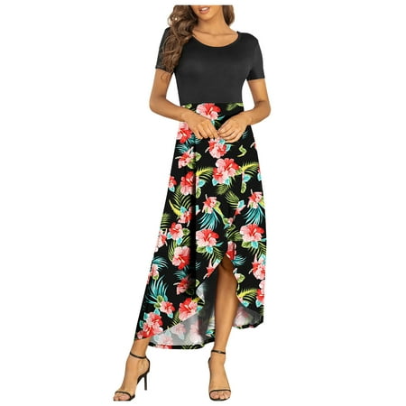 

Women Summer Long Dress Short Sleeve Casual Flowy High Low Dress Maternity New Years Eve Outfit