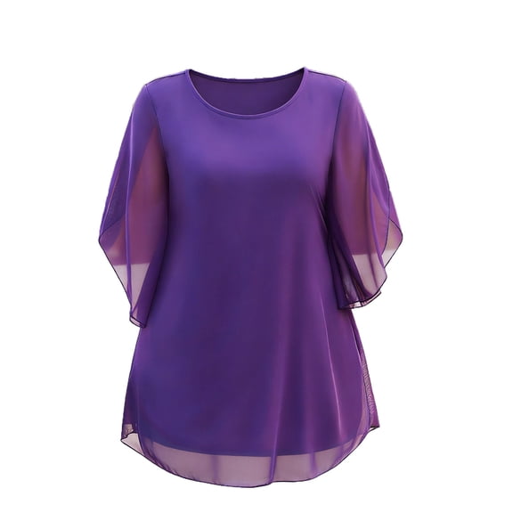 Jsaierl Chiffon Tops for Women 3/4 Sleeve Plus Size Crew Neck Shirts Cute Solid Ladies Blouses Soft Holiday T-shirts Top XL-5XL