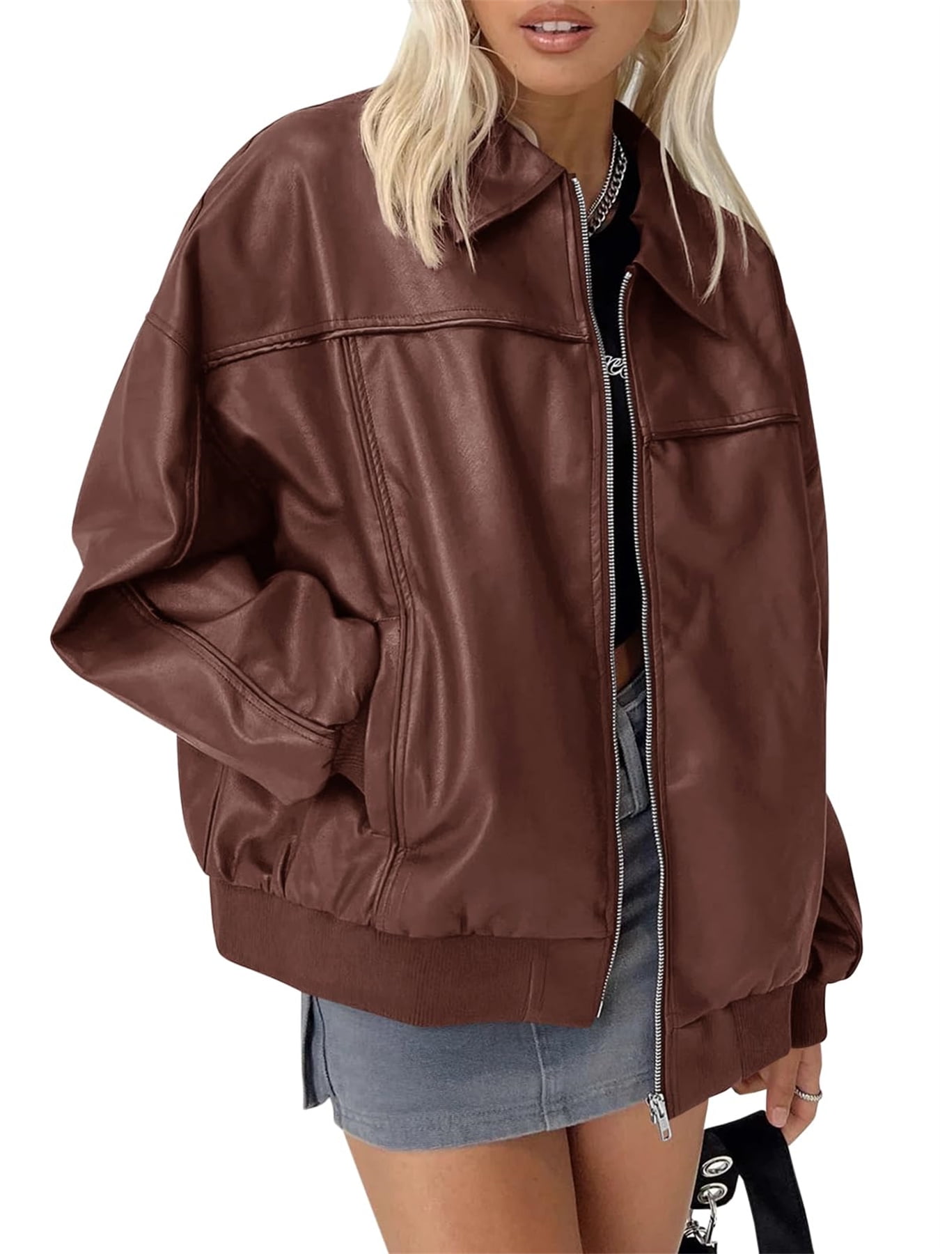 Women Faux Leather Jackets Bomber Casual Zip Moto Biker Coat