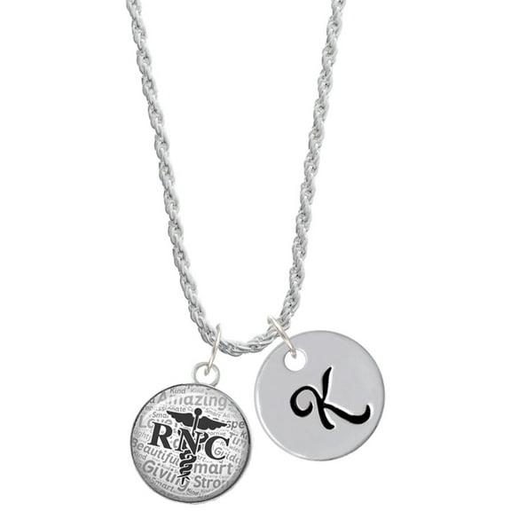 Delight Jewelry Silvertone Domed Black RNC Silvertone Script Initial Disc - K - Charm Necklace, 20"+3"
