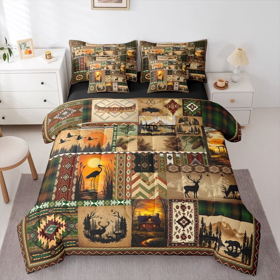 Homewish Deer Bear 7-Piece Twin Bedding Sets for Boys Girls,Bohemian Aztec Bedding Comforter Set,Retro Vintage Breathable Sheet Sets,Breathable Home Decor,Reversible